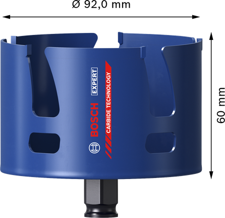 „Bosch EXPERT“ statybinių medžiagų 92 mm karbido skylių pjūklas.